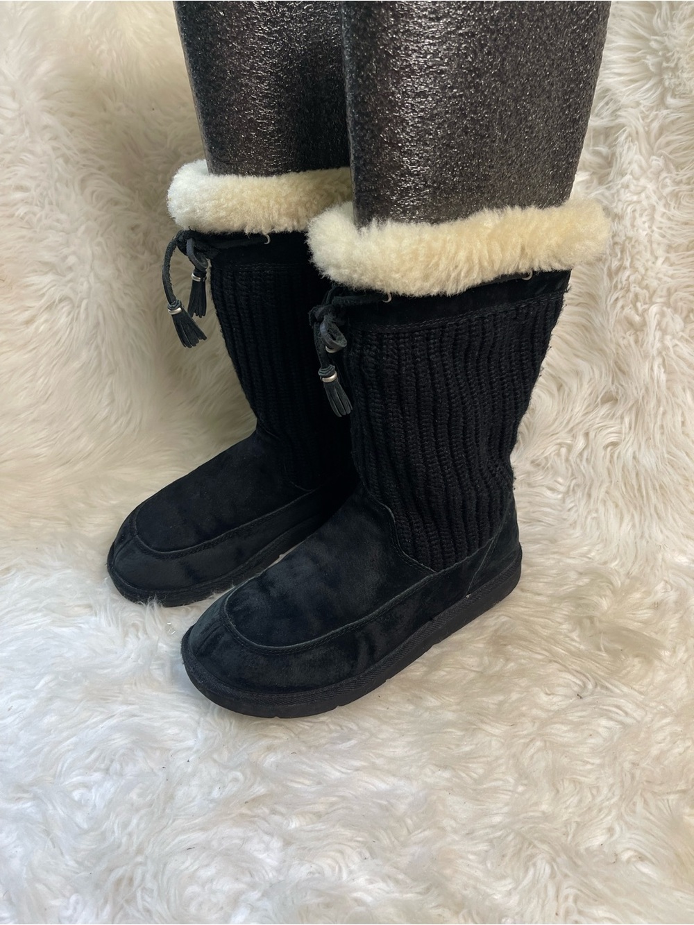 UGG winter boots, Black suede lower section & Black knit upper beige fur SZ10